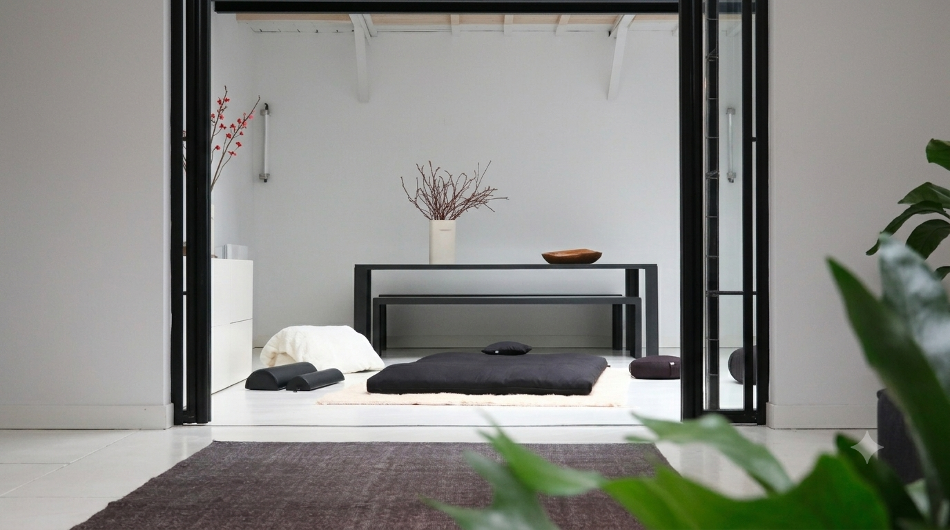 Loft lumineux et minimaliste : futon sombre posé au sol, bancs, branche fleurie dans un vase