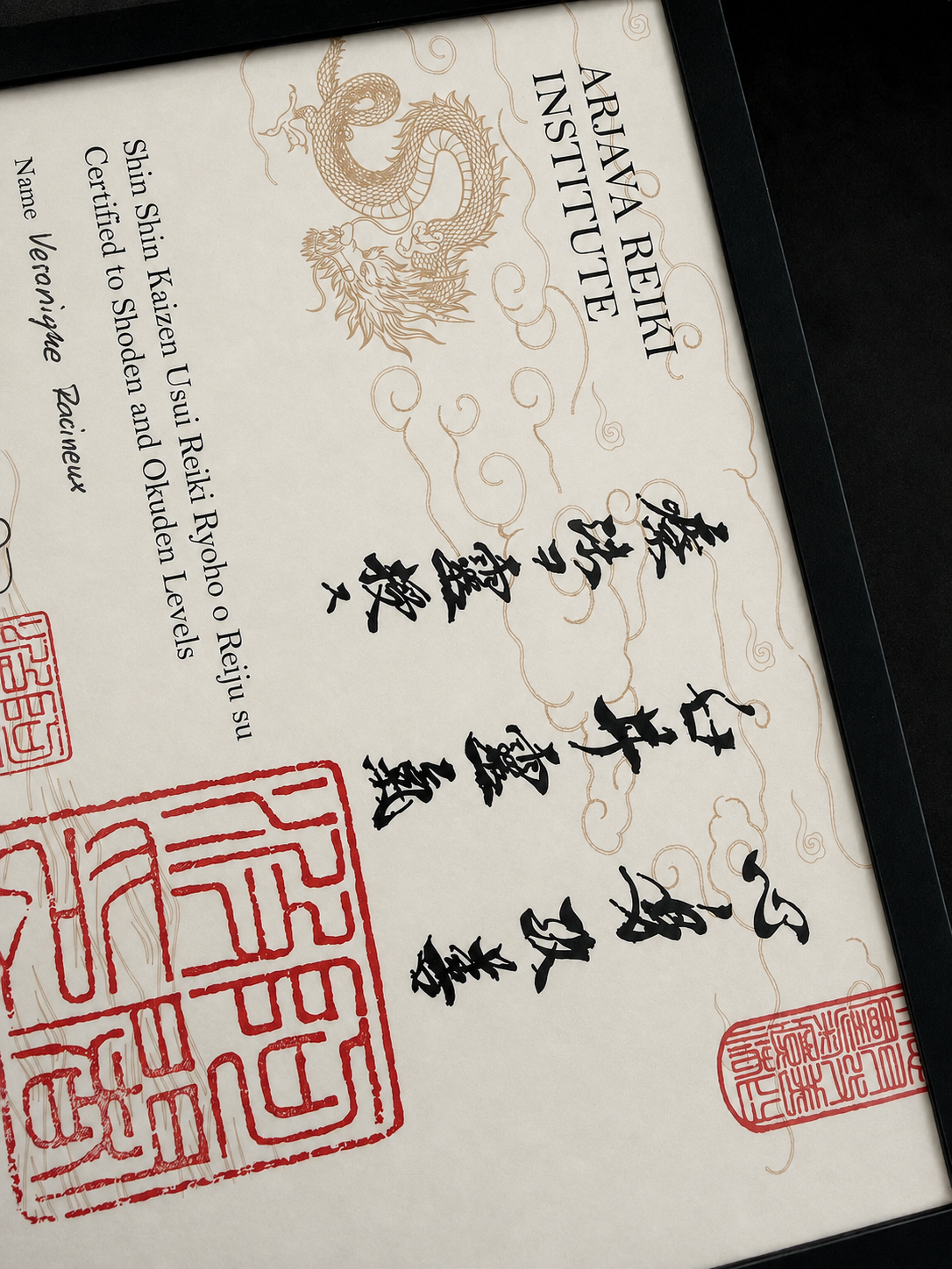 Certificat de formation Reiki Usui traditionnel, Arjava Reiki Institute